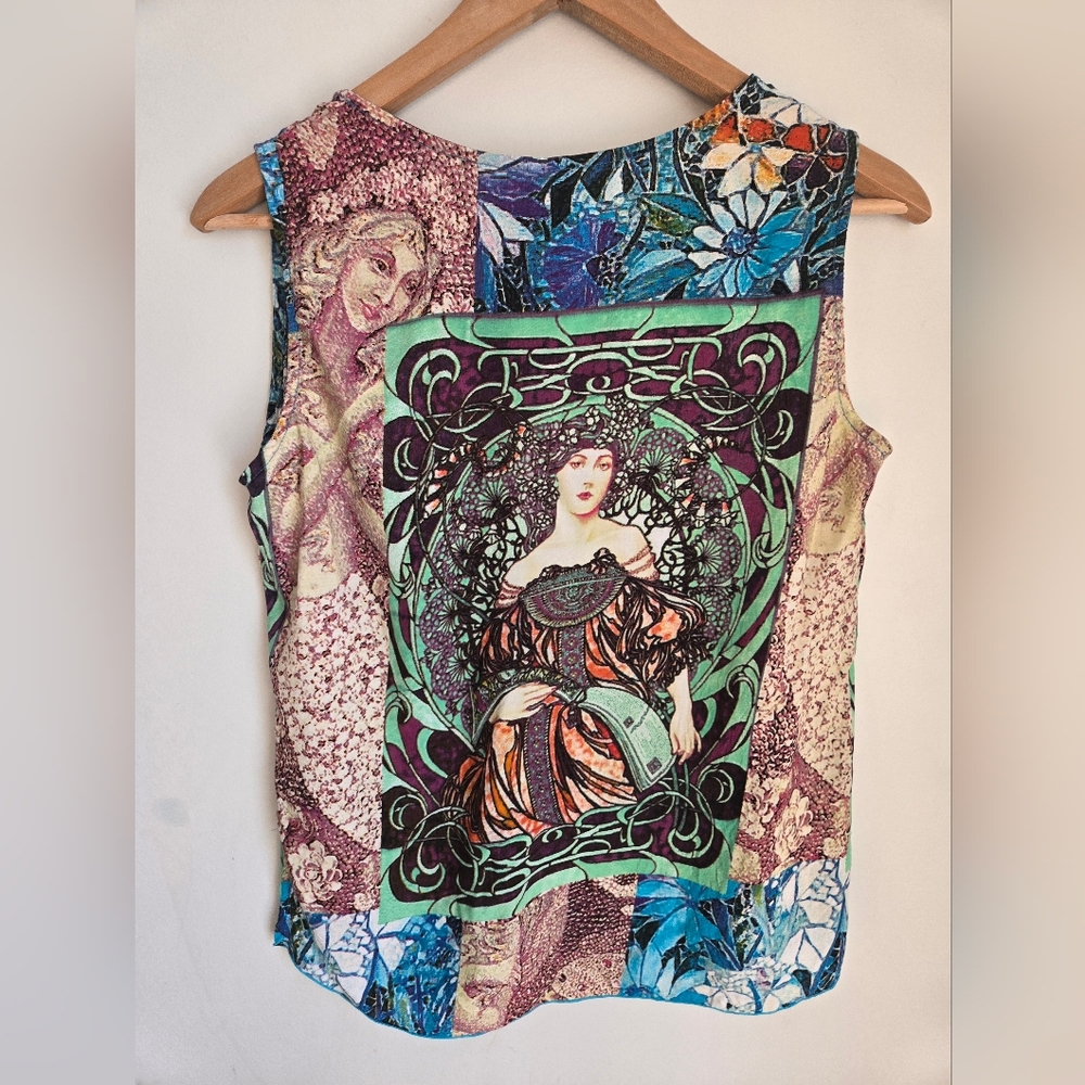 BLUE SKY Artistic Multicolor Sleeveless 💯 Rayon Top - Picture 8 of 9